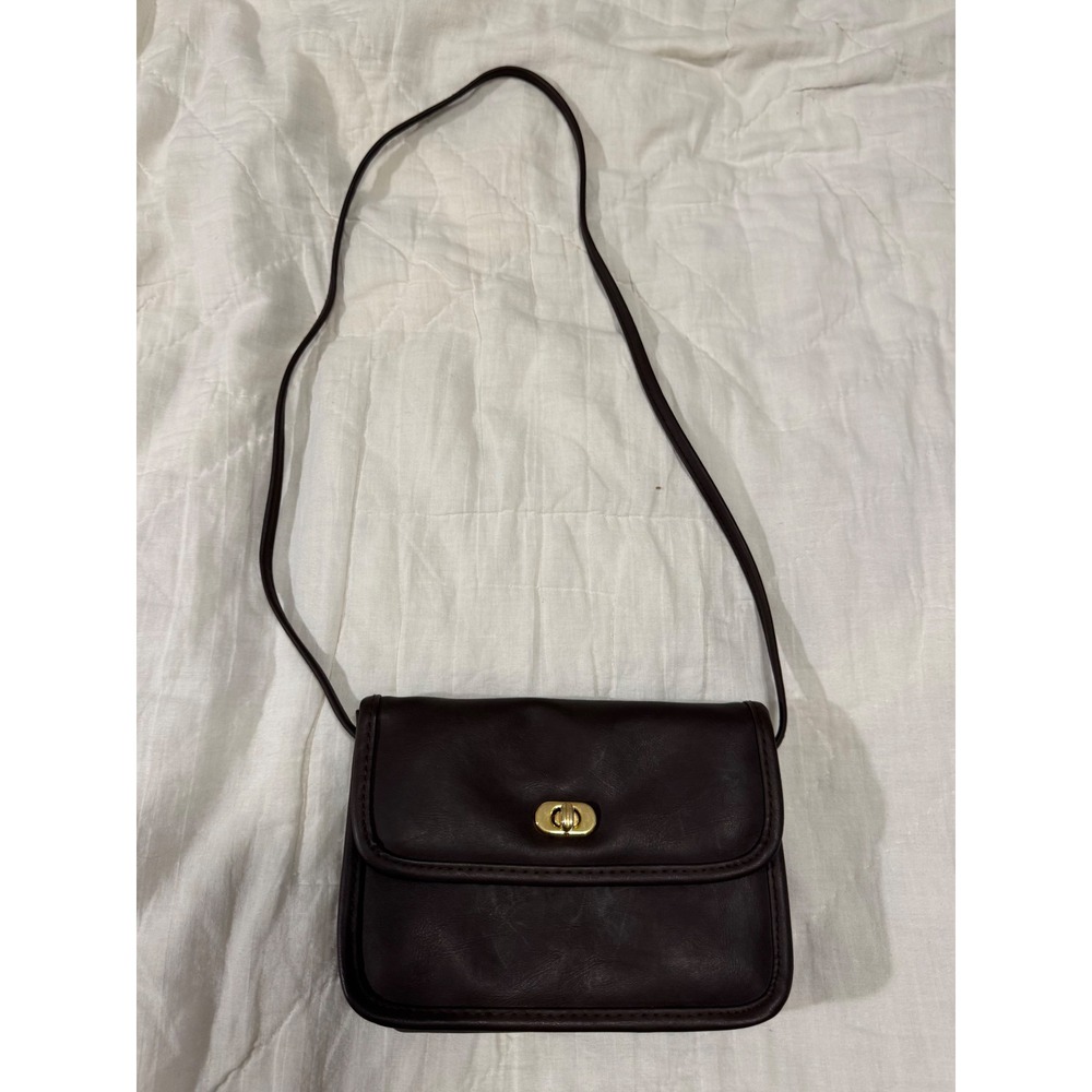 Vintage Style Dark Brown Crossbody Bag Gold Turnlock Minimalist Purse Coach